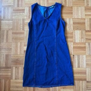 vintage eddie bauer blue denim v neck mini dress with a zipper back